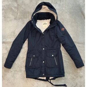 Y2K Hollister Parka Coat Women Size S Blue Full Zip Pockets Sherpa Hoodie Jacket